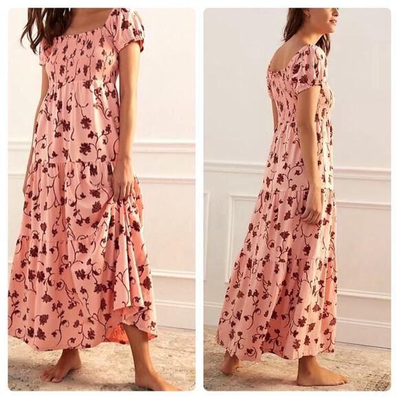 Anthropologie Daily Practice Tiered Maxi Dress Lounge Pink Floral - Picture 1 of 16